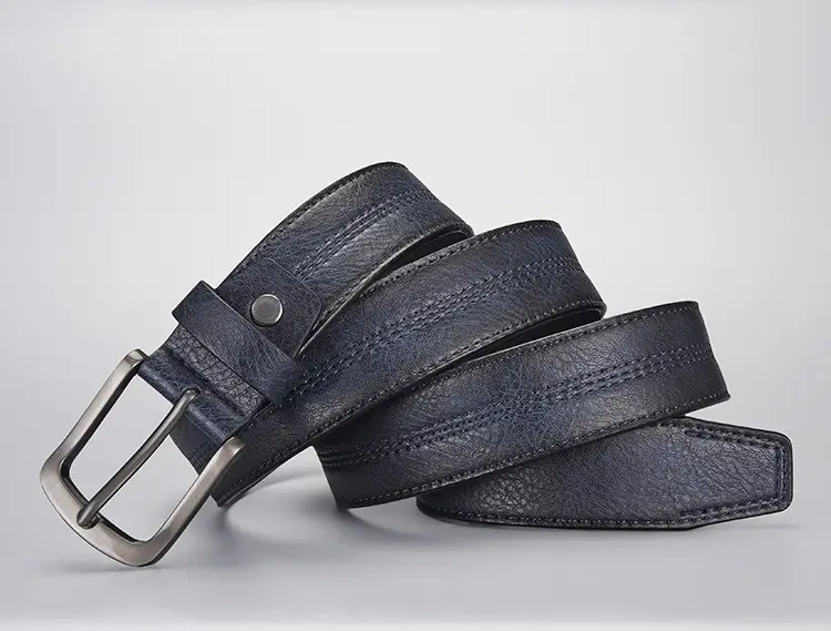 Men's Navy Leather Belt with Silver Buckle — feature 7