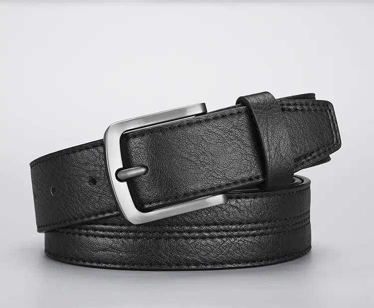 Men's Navy Leather Belt with Silver Buckle — feature 9