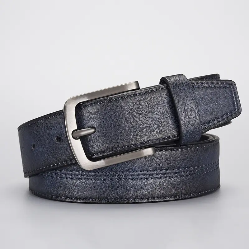 Men's Navy Leather Belt with Silver Buckle