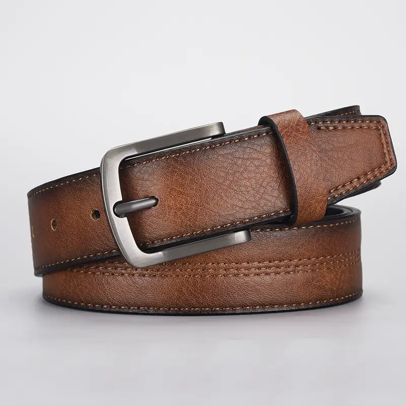 Men's Navy Leather Belt with Silver Buckle