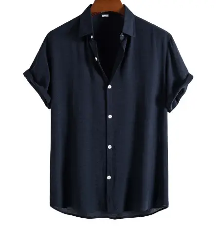 Men's Navy Blue Thin Solid Color Shirt Short Sleeve - Image 2