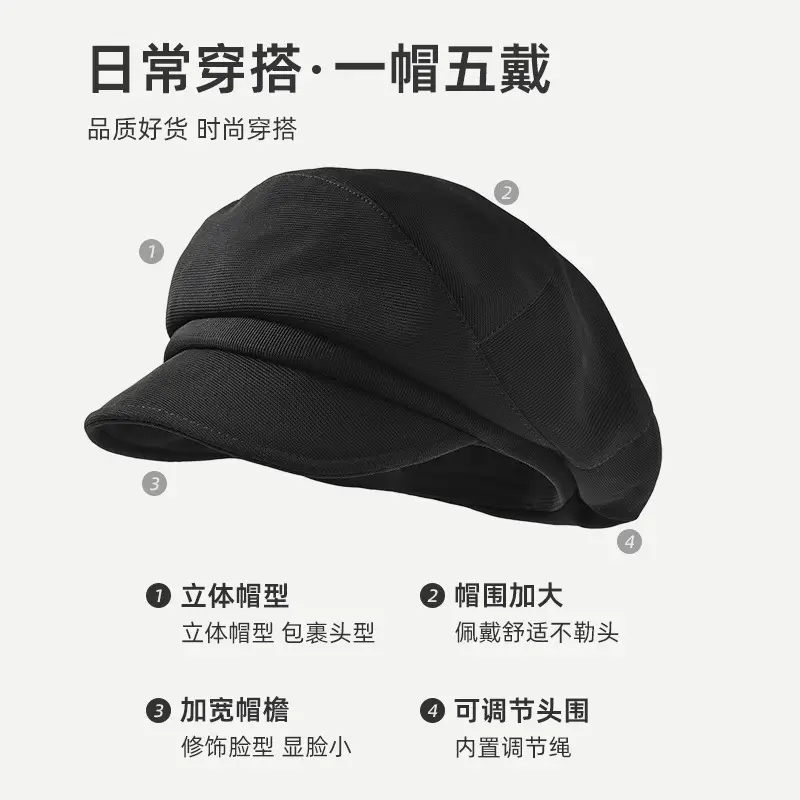 Black British Style Octagonal Beret Hat for Women - Image 7
