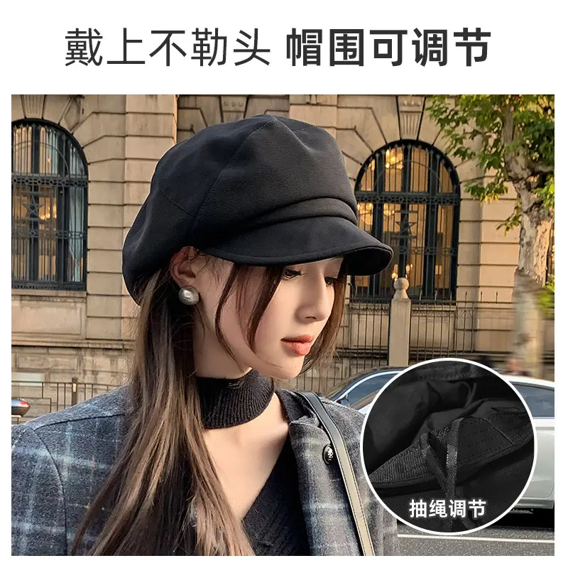 Black British Style Octagonal Beret Hat for Women - Image 9