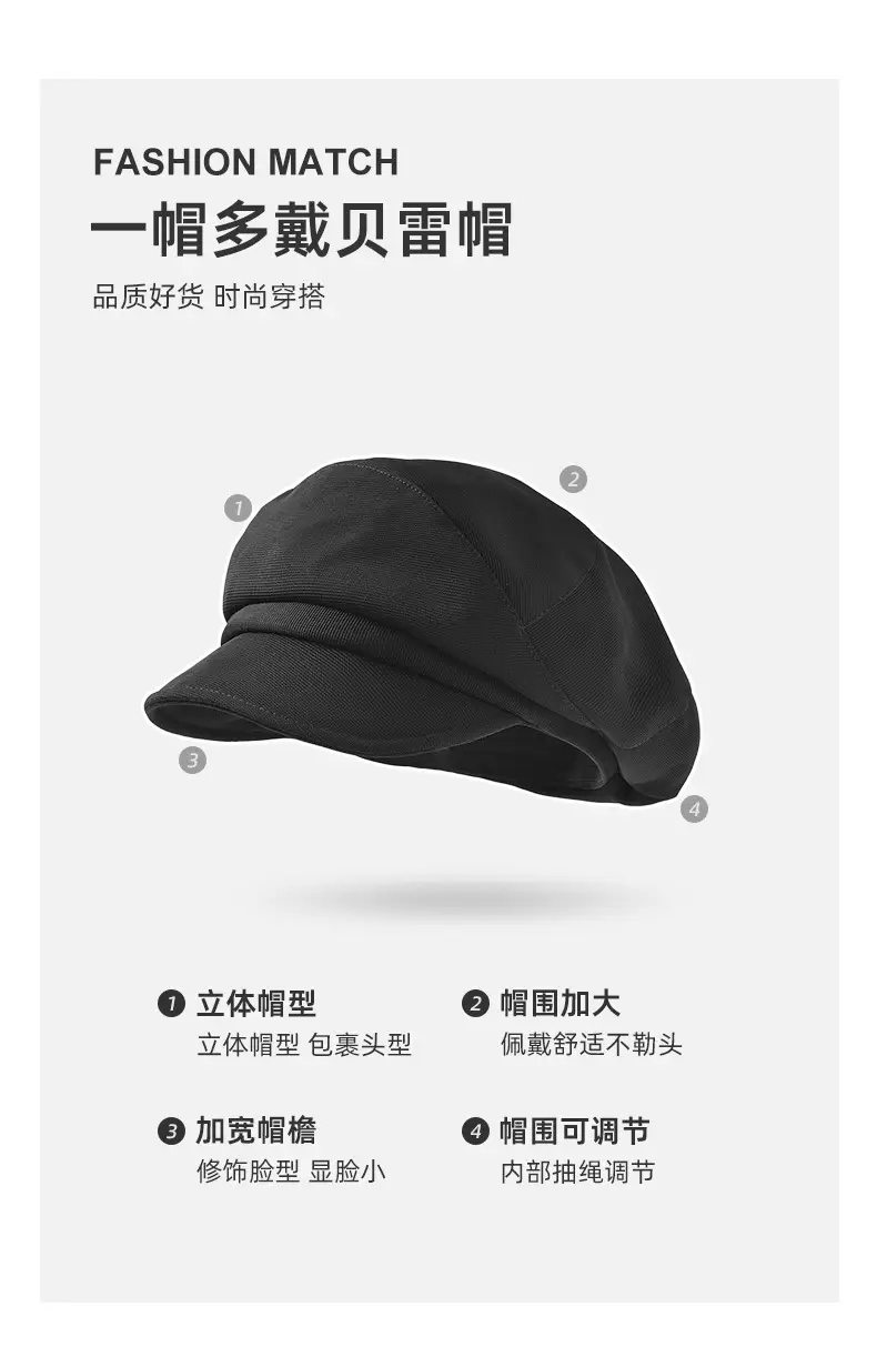 Black British Style Octagonal Beret Hat for Women — feature 3