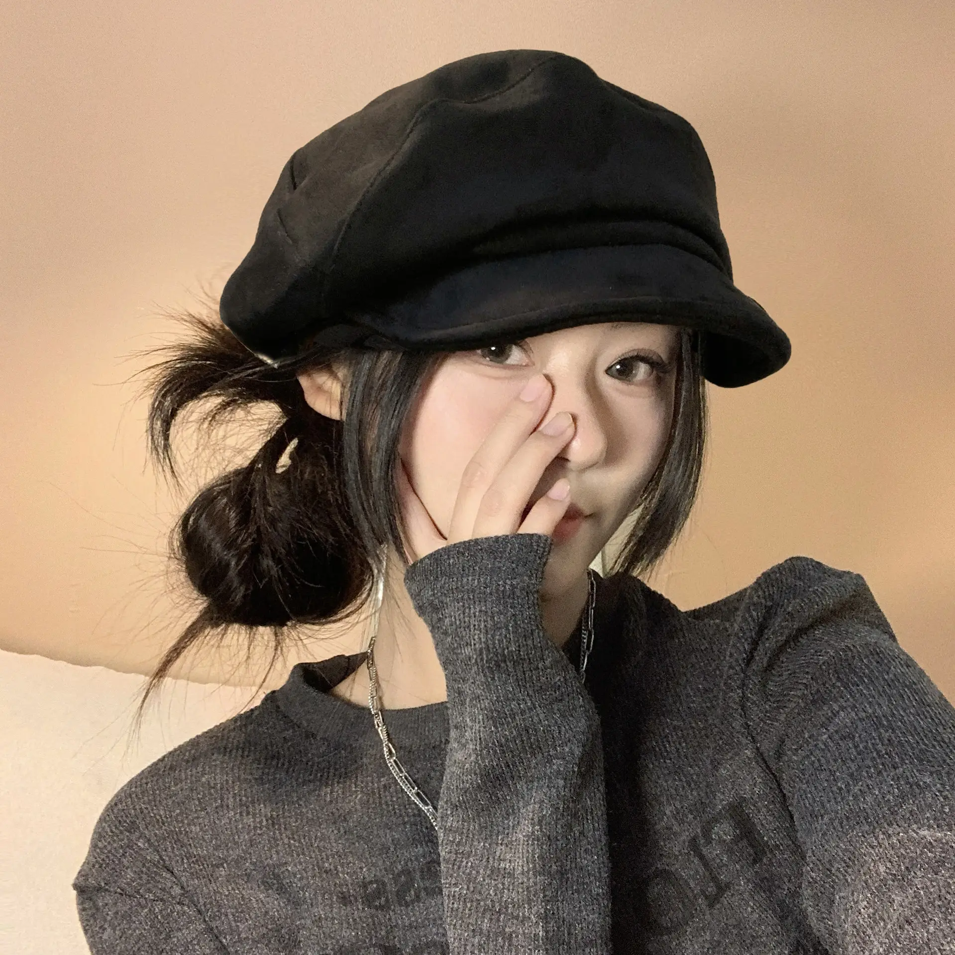 Black British Style Octagonal Beret Hat for Women - Image 3