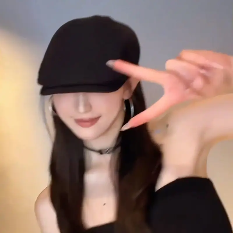 British Style Retro Newsboy Hat Black Pure Color Versatile Beret - Image 6