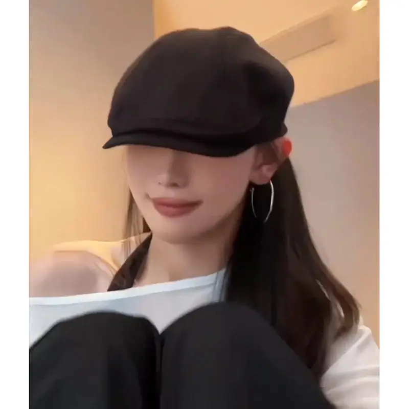 British Style Retro Newsboy Hat Black Pure Color Versatile Beret - Image 7