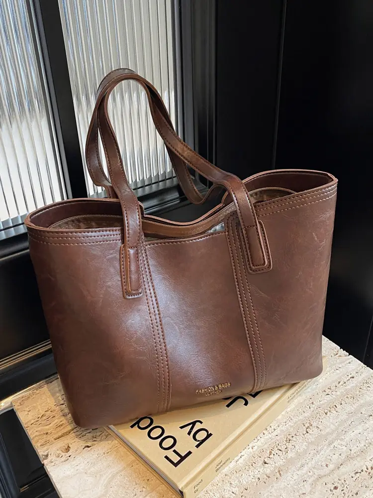 Large Capacity Women's Brown Leather Tote Bag - Image 8