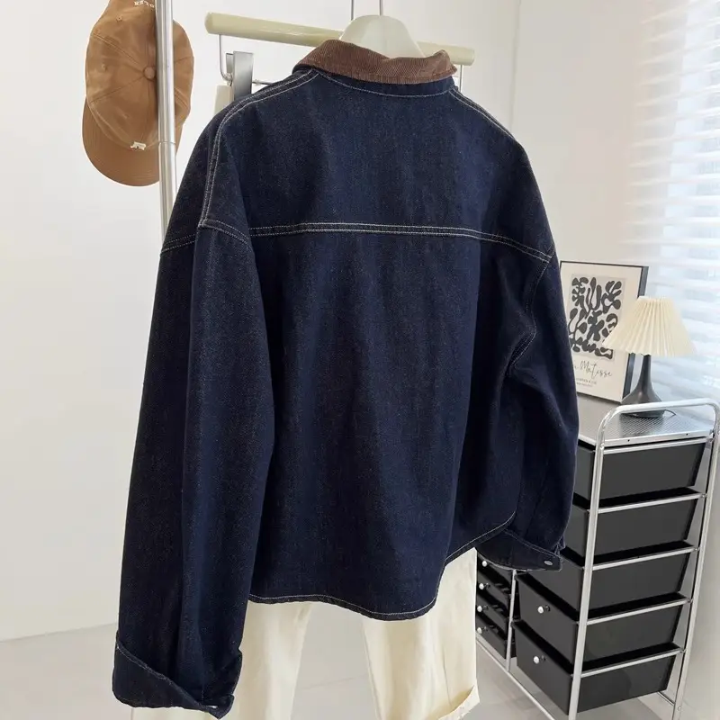 Korean Style Dark Blue Lapel Coat Women Loose Coat