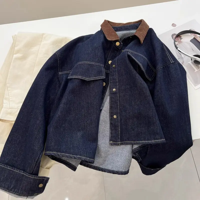 Korean Style Dark Blue Lapel Coat Women Loose Coat