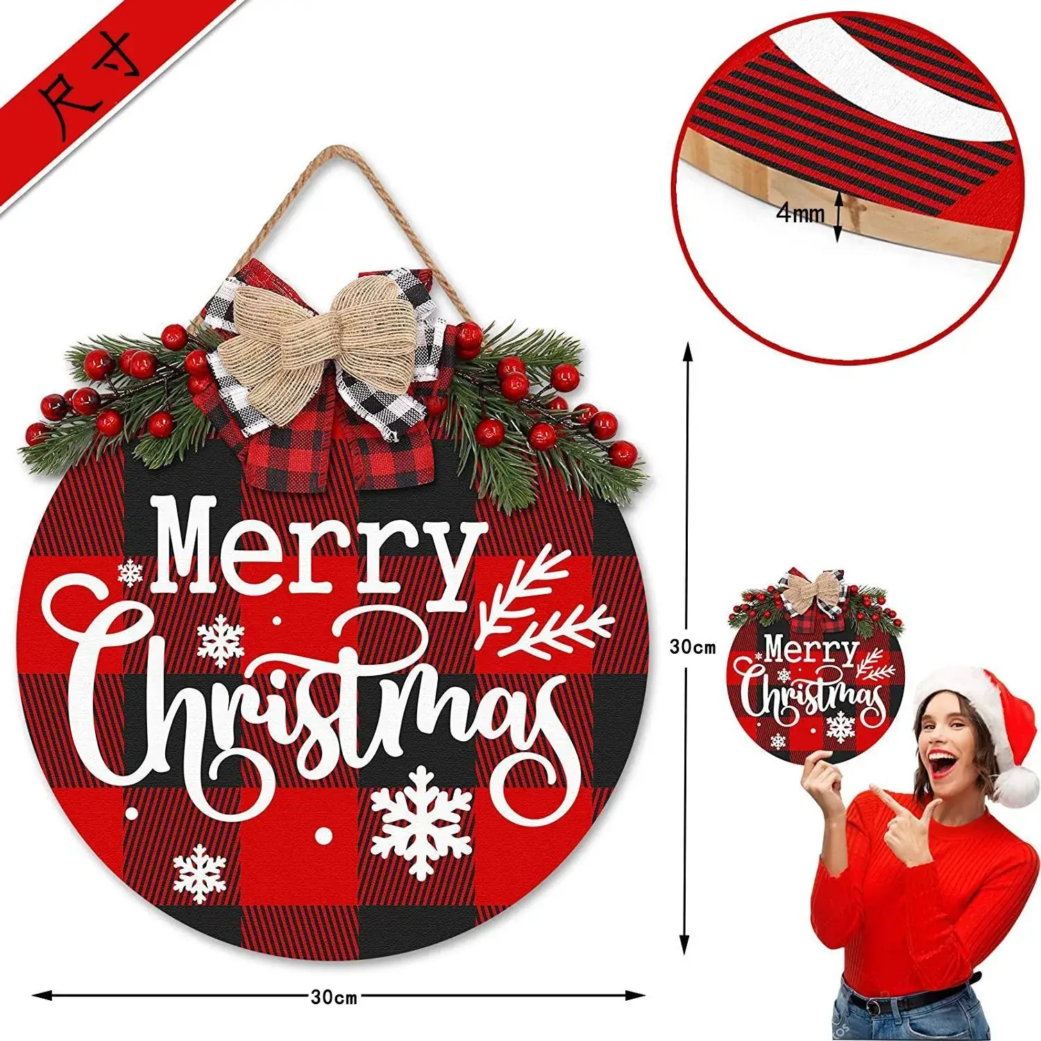 Christmas Wooden Door Decor with Bow and Stars - Image 8