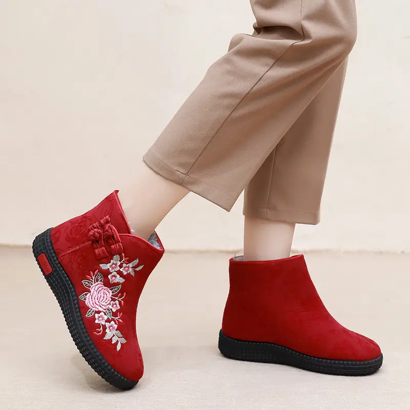 Old Beijing Cloth Shoes Middle-aged and Old Mother Cotton Shoes Soft Sole Non-slip Winter fleece-lined Warm Ethnic Style Embroidered High Boots