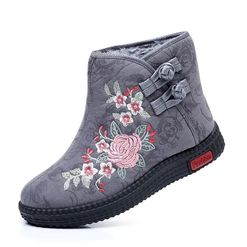 Old Beijing Cloth Shoes Middle-aged and Old Mother Cotton Shoes Soft Sole Non-slip Winter fleece-lined Warm Ethnic Style Embroidered High Boots