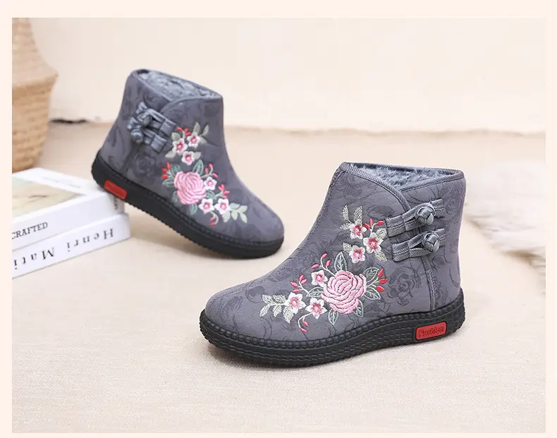 Old Beijing Cloth Shoes Middle-aged and Old Mother Cotton Shoes Soft Sole Non-slip Winter fleece-lined Warm Ethnic Style Embroidered High Boots — feature 23