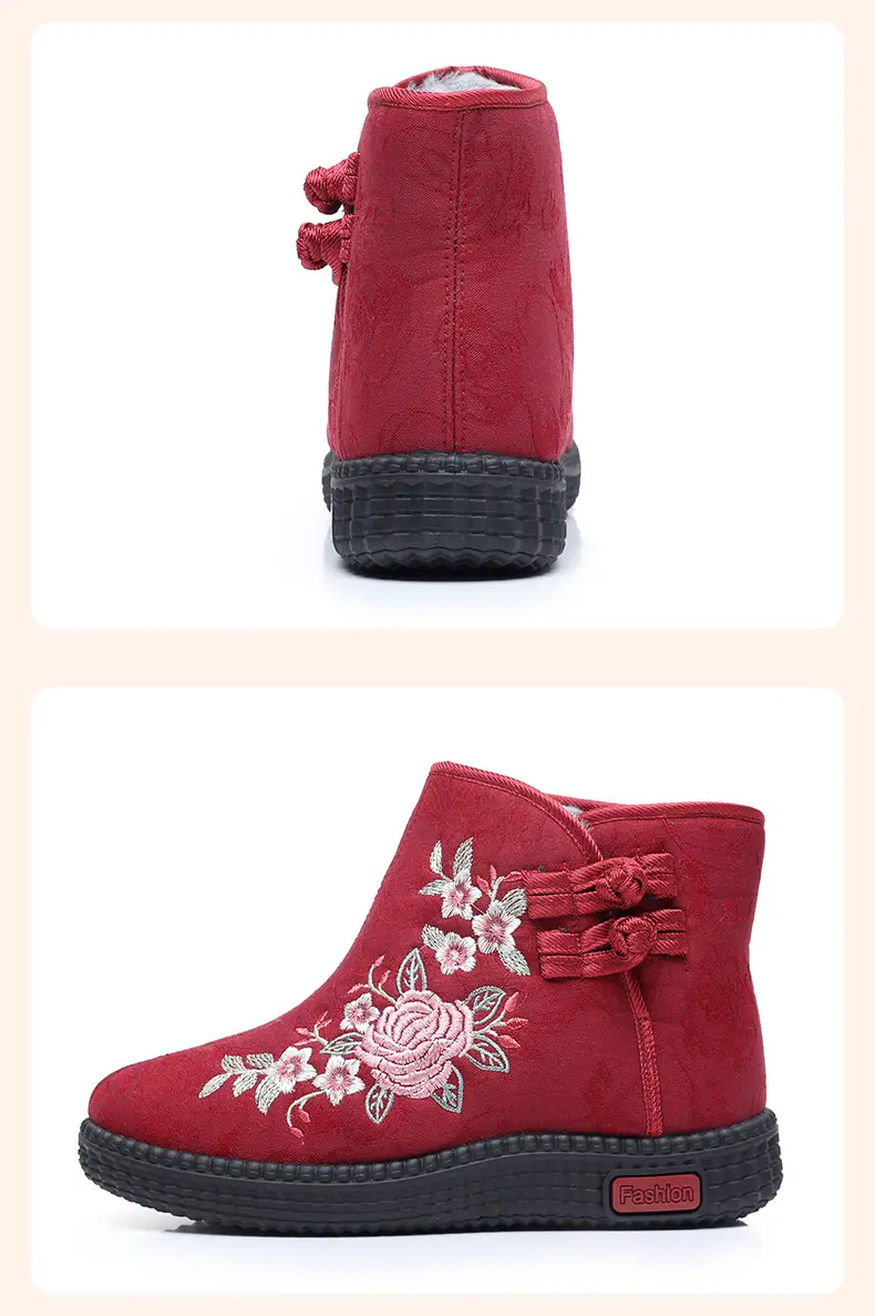 Old Beijing Cloth Shoes Middle-aged and Old Mother Cotton Shoes Soft Sole Non-slip Winter fleece-lined Warm Ethnic Style Embroidered High Boots — feature 36