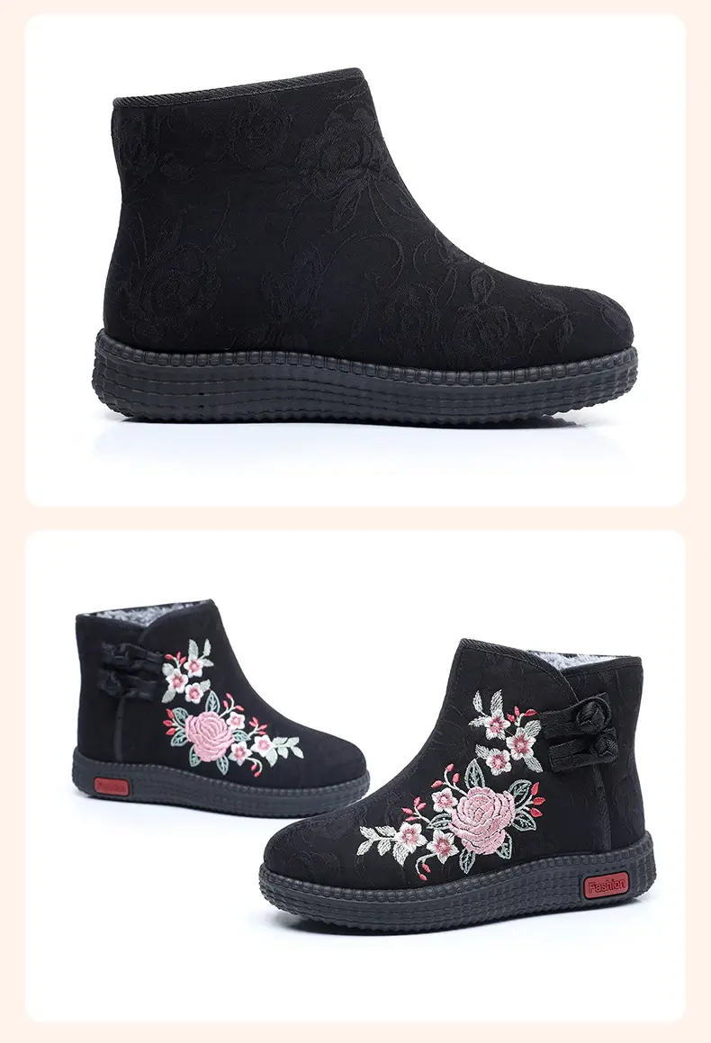 Old Beijing Cloth Shoes Middle-aged and Old Mother Cotton Shoes Soft Sole Non-slip Winter fleece-lined Warm Ethnic Style Embroidered High Boots — feature 39
