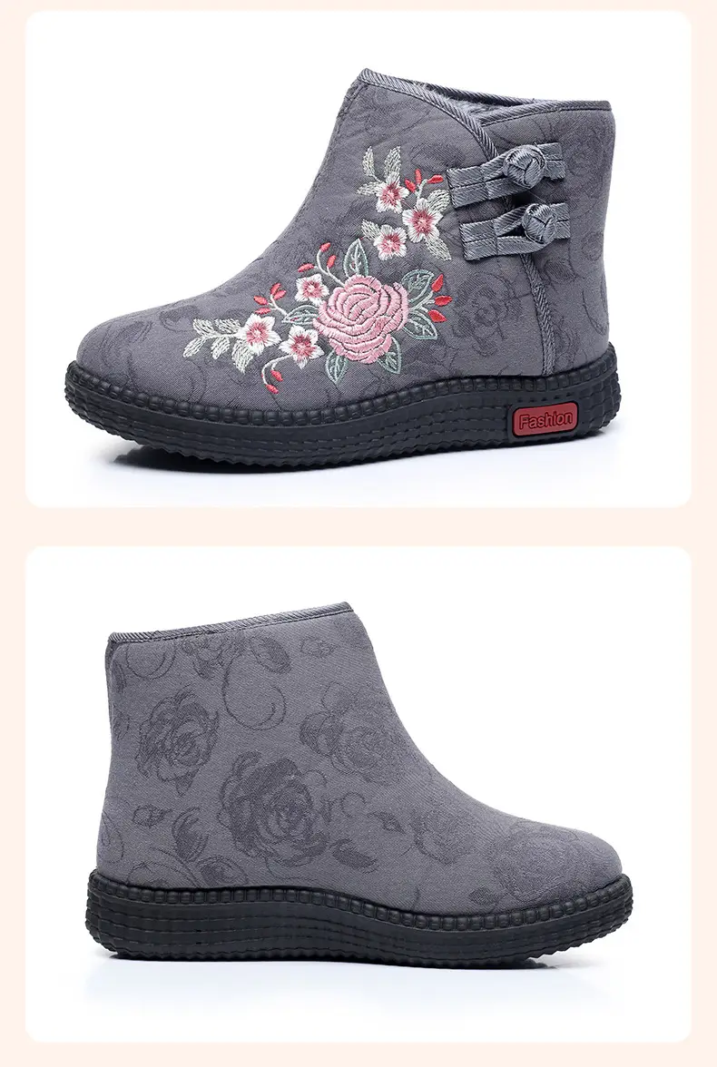 Old Beijing Cloth Shoes Middle-aged and Old Mother Cotton Shoes Soft Sole Non-slip Winter fleece-lined Warm Ethnic Style Embroidered High Boots — feature 41