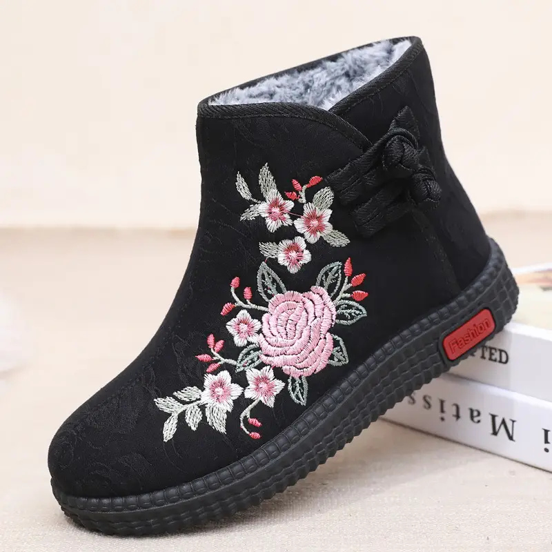 Old Beijing Cloth Shoes Middle-aged and Old Mother Cotton Shoes Soft Sole Non-slip Winter fleece-lined Warm Ethnic Style Embroidered High Boots