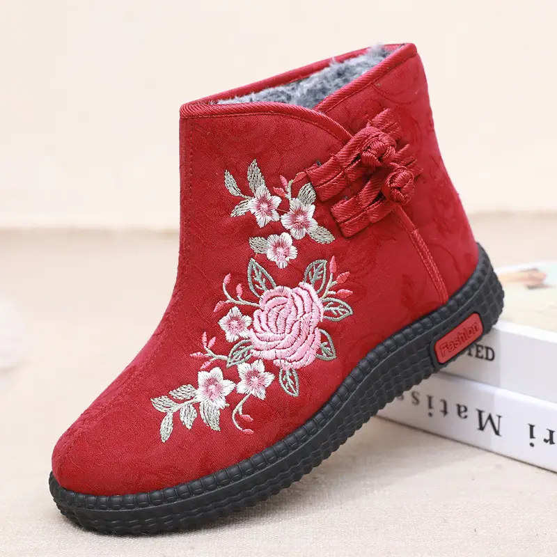 Old Beijing Cloth Shoes Middle-aged and Old Mother Cotton Shoes Soft Sole Non-slip Winter fleece-lined Warm Ethnic Style Embroidered High Boots