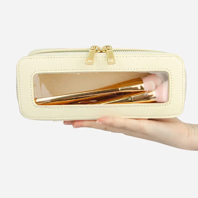 PVC Transparent Makeup Brush Storage Box Pink Gold Cream - Image 7