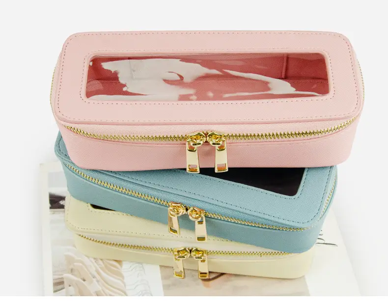 PVC Transparent Makeup Brush Storage Box Pink Gold Cream β feature 9