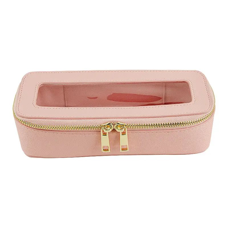PVC Transparent Makeup Brush Storage Box Pink Gold Cream - Image 3