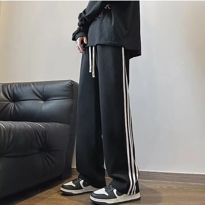 Men Grey Fleece Lined Straight Tube Pants with Stripes - Image 6