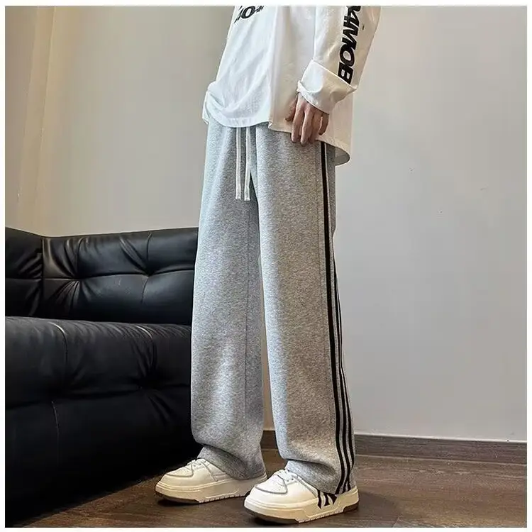 Men Grey Fleece Lined Straight Tube Pants with Stripes - Image 7