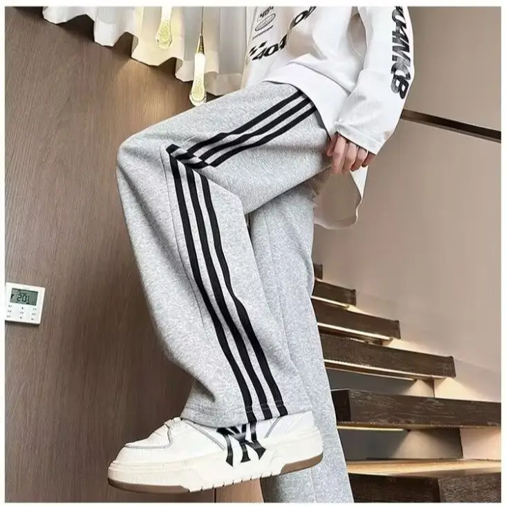 Men Grey Fleece Lined Straight Tube Pants with Stripes — feature 13
