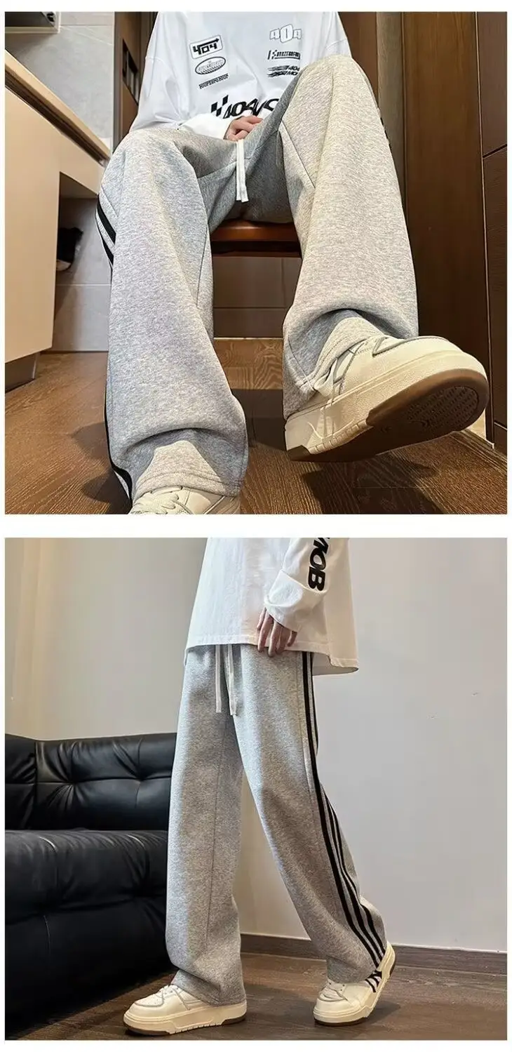 Men Grey Fleece Lined Straight Tube Pants with Stripes — feature 17