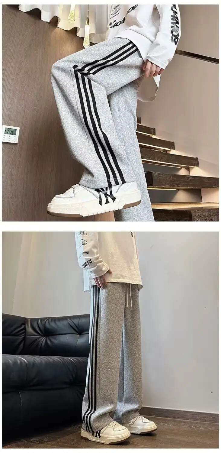 Men Grey Fleece Lined Straight Tube Pants with Stripes — feature 22