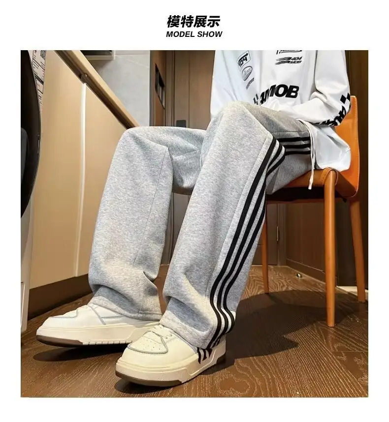 Men Grey Fleece Lined Straight Tube Pants with Stripes — feature 25