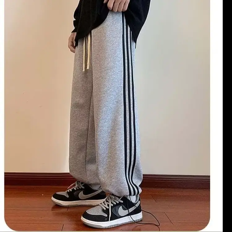 Men Grey Fleece Lined Straight Tube Pants with Stripes — feature 29