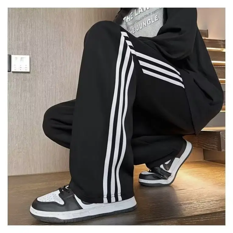 Men Grey Fleece Lined Straight Tube Pants with Stripes — feature 6