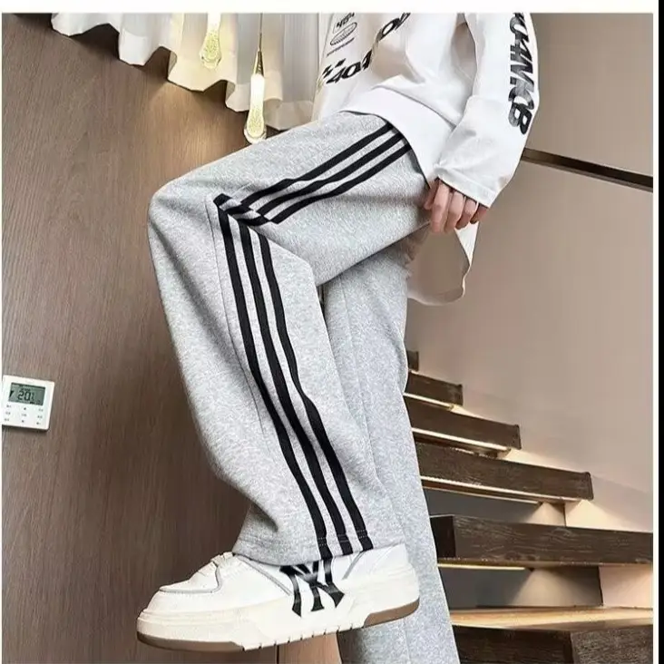 Men Grey Fleece Lined Straight Tube Pants with Stripes — feature 7