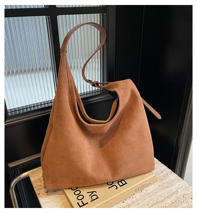 Brown Suede Shoulder Bag with Long Strap — feature 1