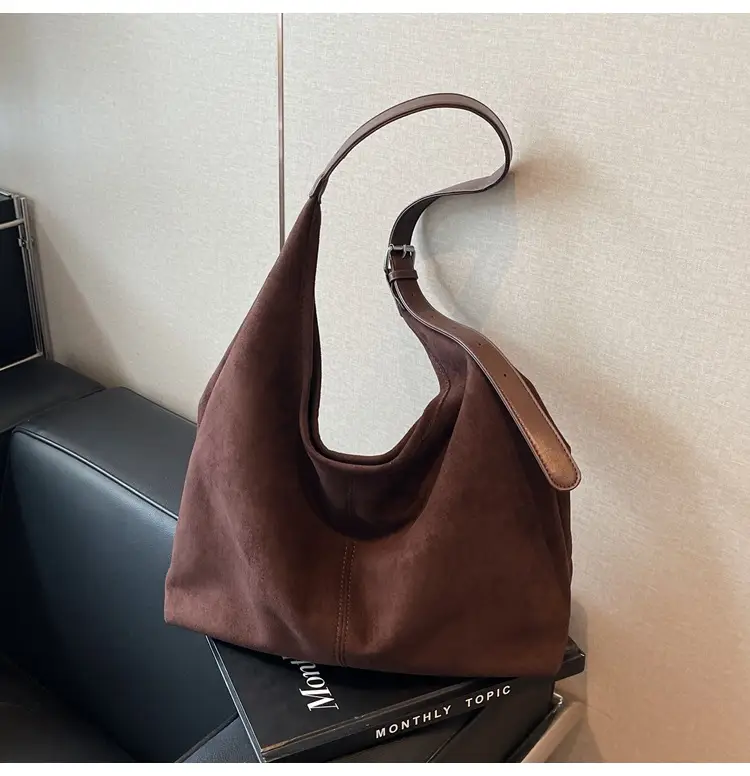 Brown Suede Shoulder Bag with Long Strap — feature 15