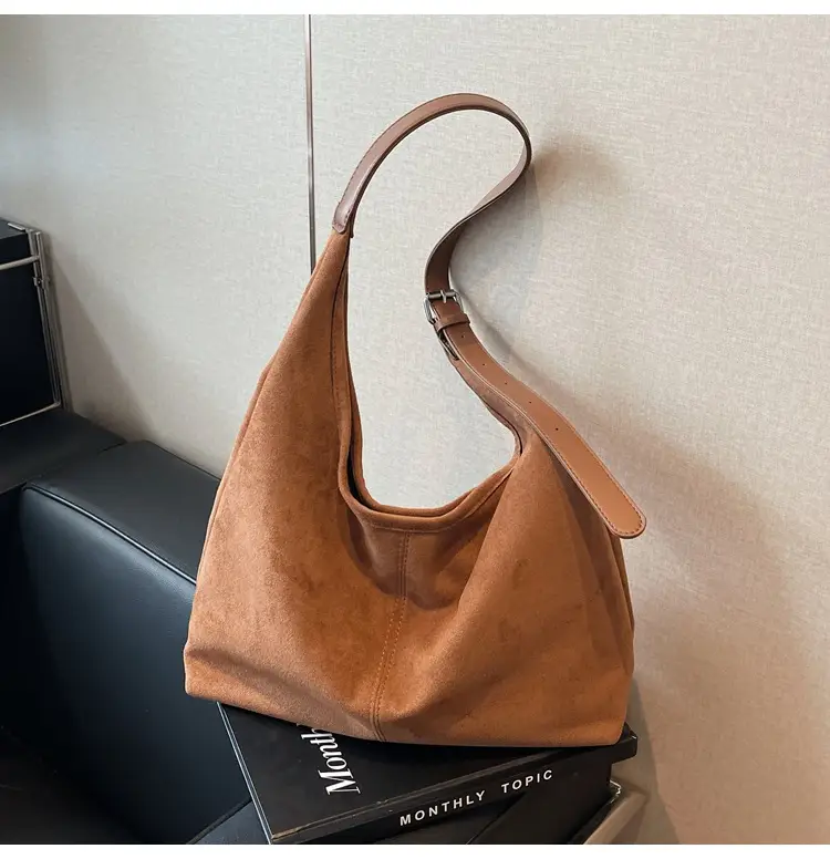 Brown Suede Shoulder Bag with Long Strap — feature 16