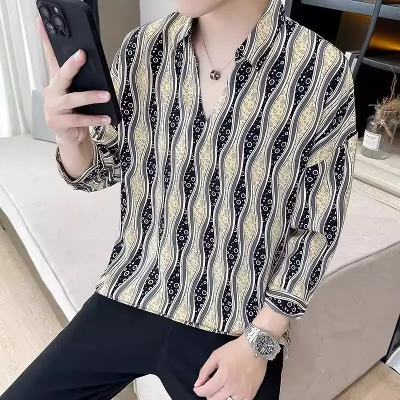 Men's 7-Sleeve Striped Shirt Black White Summer Wear