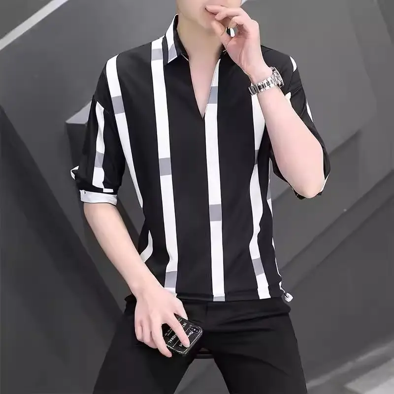 Men's 7-Sleeve Striped Shirt Black White Summer Wear — feature 7