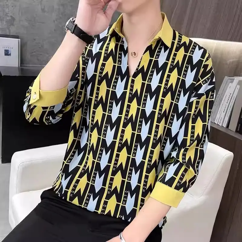 Men's 7-Sleeve Striped Shirt Black White Summer Wear