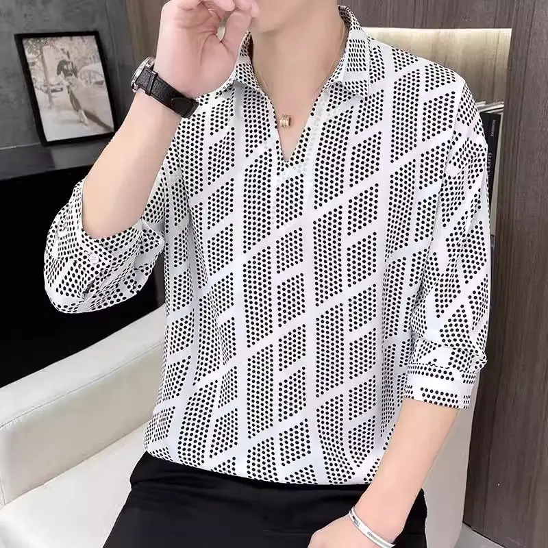 Men's 7-Sleeve Striped Shirt Black White Summer Wear