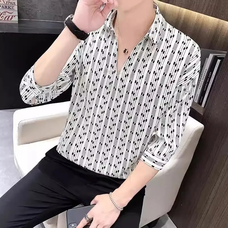 Men's 7-Sleeve Striped Shirt Black White Summer Wear