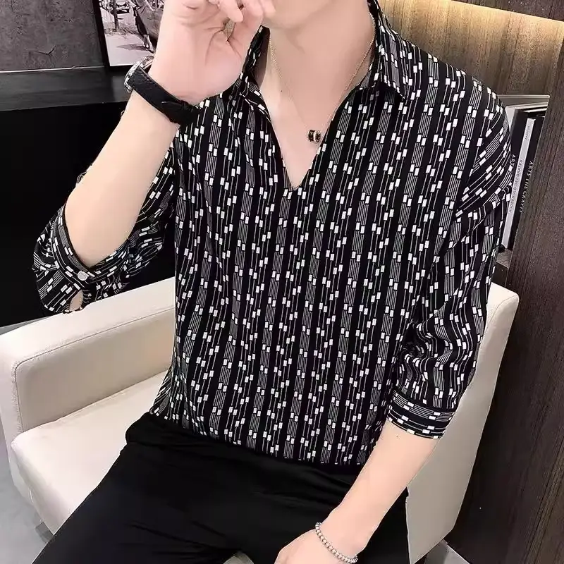 Men's 7-Sleeve Striped Shirt Black White Summer Wear