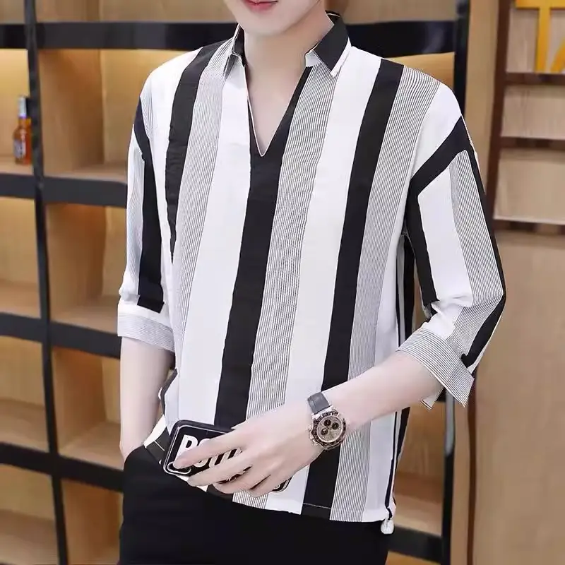 Men's 7-Sleeve Striped Shirt Black White Summer Wear