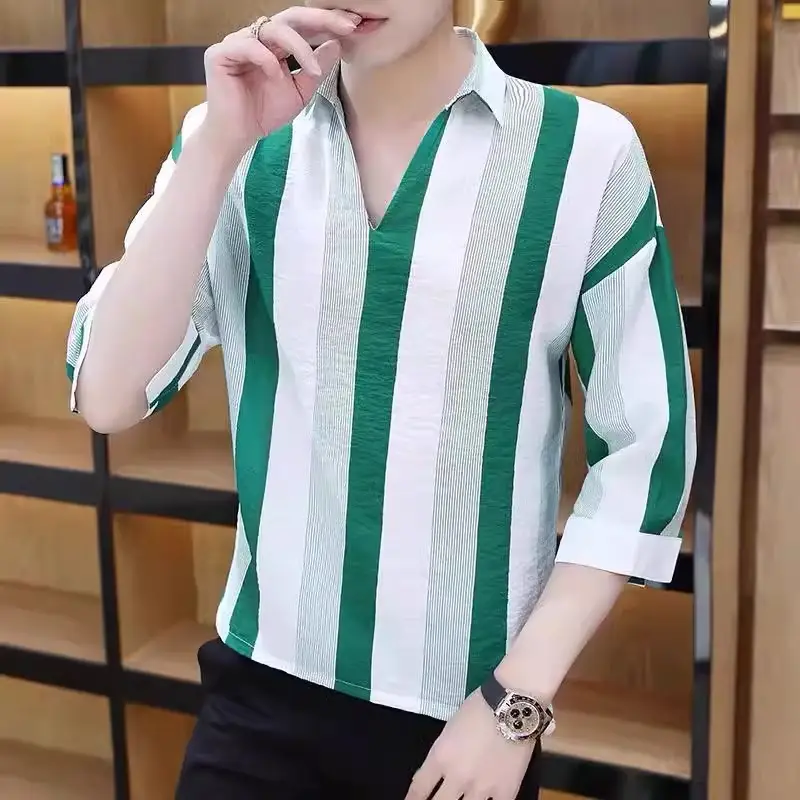 Men's 7-Sleeve Striped Shirt Black White Summer Wear