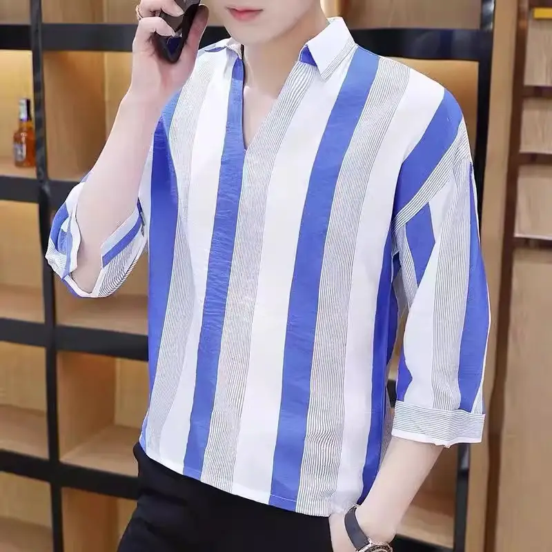 Men's 7-Sleeve Striped Shirt Black White Summer Wear