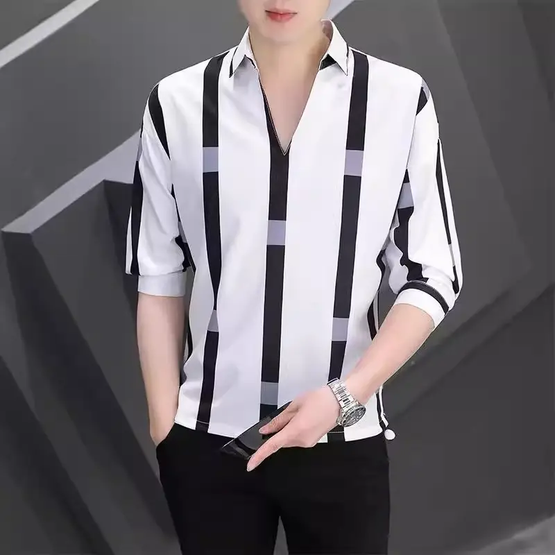 Men's 7-Sleeve Striped Shirt Black White Summer Wear