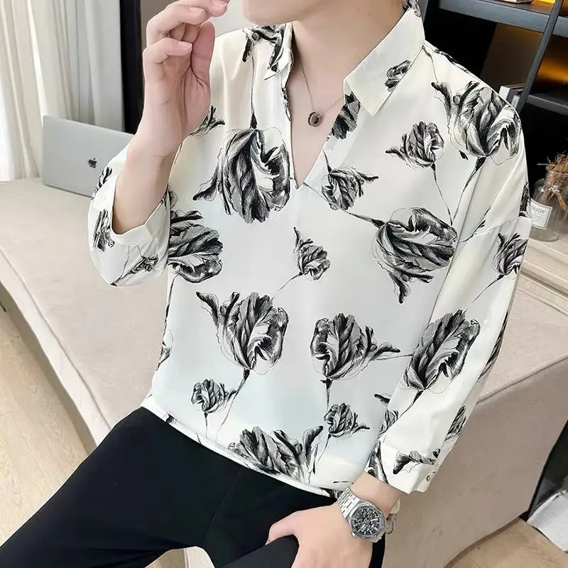 Men's 7-Sleeve Striped Shirt Black White Summer Wear