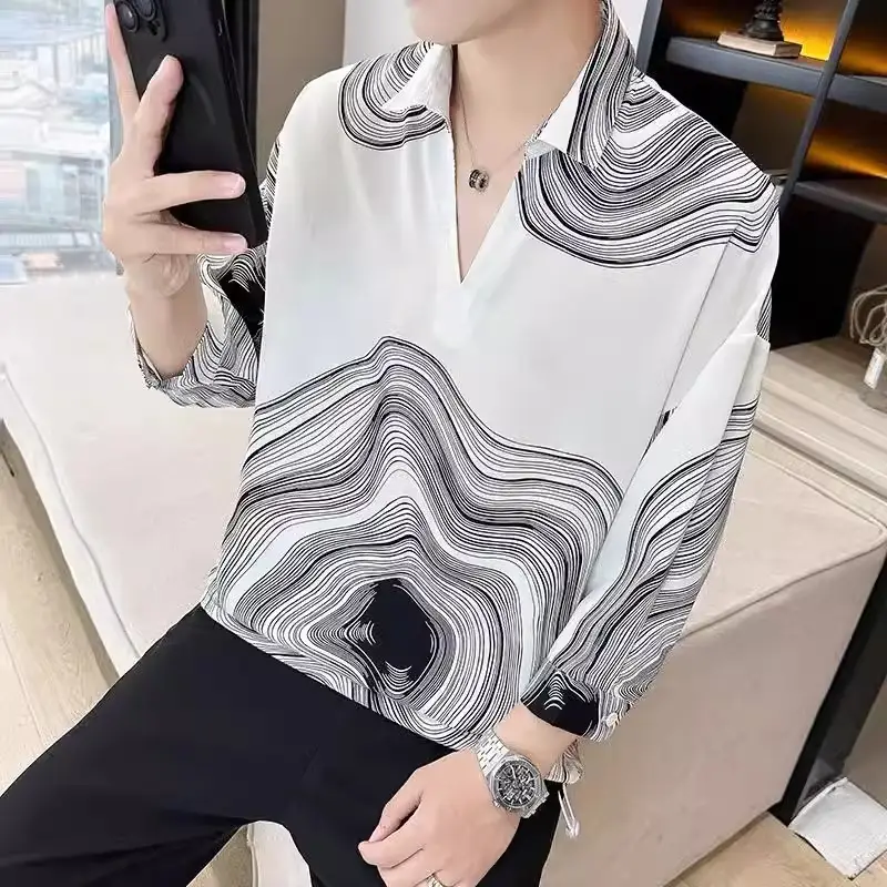 Men's 7-Sleeve Striped Shirt Black White Summer Wear